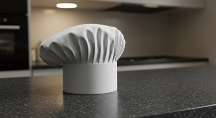 A pristine white chef's toque sits on a modern kitchen counter.