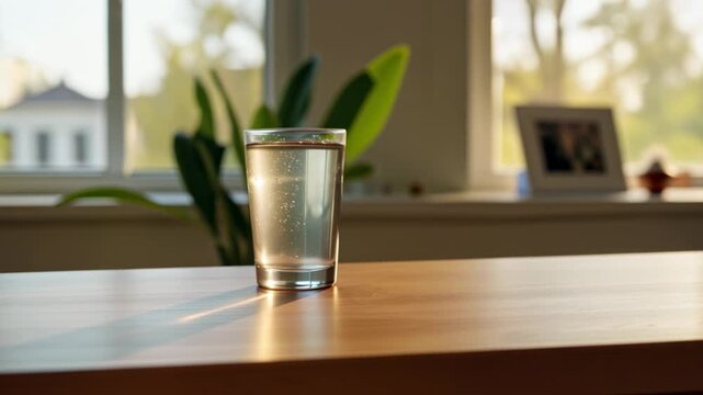 Glass of water on a wooden table in front of a sunny window at home during daylight hours provides a refreshing beverage and healthy hydration while bathing in natural sunlight