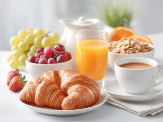 Delicious breakfast spread with croissant, fresh fruits, orange juice, and coffee on a white table