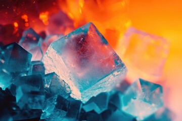 Macro photograph of sodium chloride crystals exhibiting a blue hue with an orange and red background.