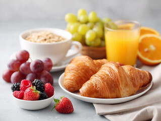 Delicious breakfast spread featuring fresh fruits, croissants, and orange juice served on a light table setting