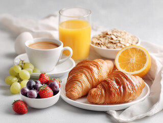Breakfast spread featuring croissants, fresh fruit, and beverages on a light background