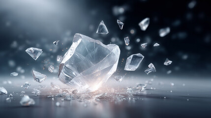 Shattered crystal fragment on a reflective surface under dramatic lighting effects