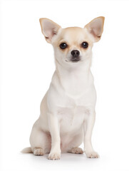 Small white Chihuahua sitting calmly against a plain white background 