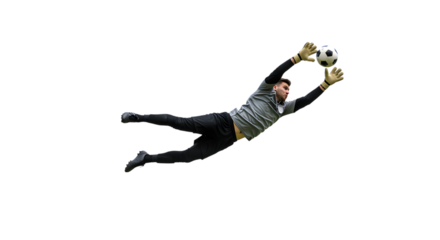 A Soccer Goalkeeper in Mid-Air Making a Full-Stretch Diving Save to Protect the Goal on isolated transparent background.