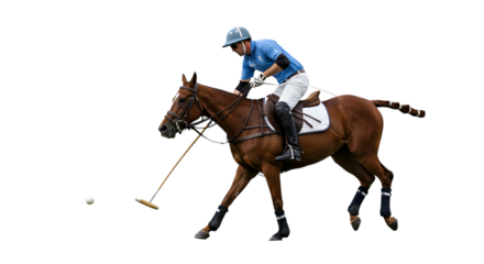 A Male Polo Player on Horseback Leaning Out to Strike the Ball with a Mallet on isolated transparent background.