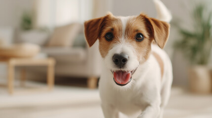 Happy dog playing indoors in a cozy living room filled with natural light and comfortable furniture