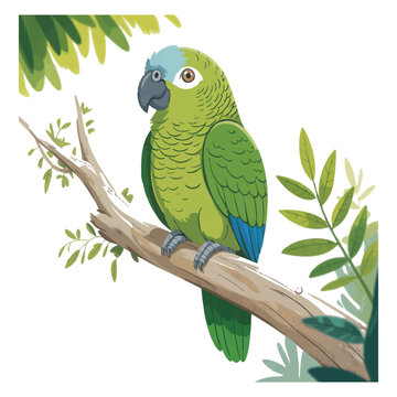 A green parrot is perched on a branch, isolated on white background, surrounded by lush tropical foliage in a cartoon illustration