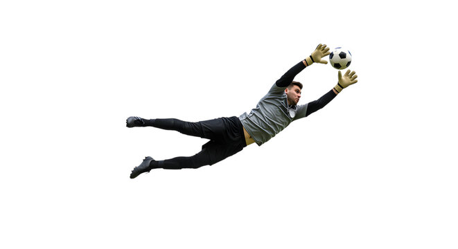 A Soccer Goalkeeper in Mid-Air Making a Full-Stretch Diving Save to Protect the Goal on isolated transparent background.