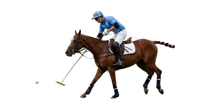 A Male Polo Player on Horseback Leaning Out to Strike the Ball with a Mallet on isolated transparent background.