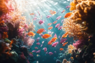 Naklejka premium A vibrant underwater scene with colorful fish swimming among coral reefs illuminated by sunlight.