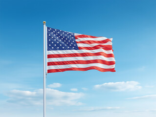 American flag waving against a clear blue sky with fluffy white clouds during daylight hours