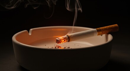 A lit cigarette rests in an ashtray, smoke rising against a dark background.