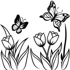 Obraz premium Butterfly with flower line art coloring page