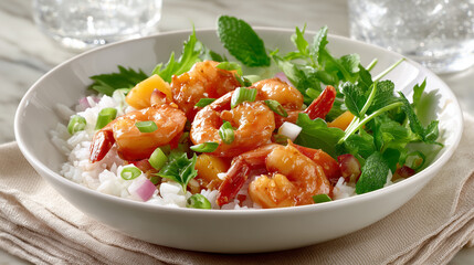 Shrimp dish served over rice with fresh herbs and vibrant greens on a marble surface