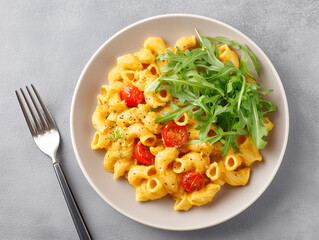 Creamy pasta dish with cherry tomatoes and arugula served on a stylish plate