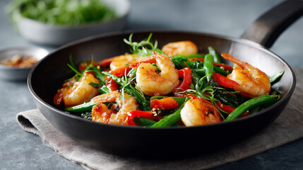 Stir-fried shrimp with colorful vegetables in a cast iron skillet on a rustic surface