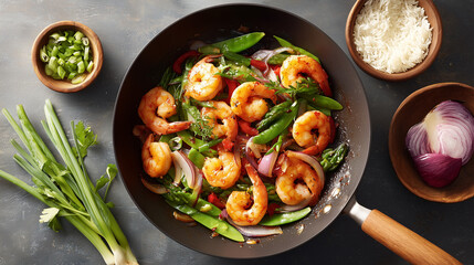 Delicious shrimp stir-fry with vegetables and rice prepared in a skillet on a rustic kitchen countertop