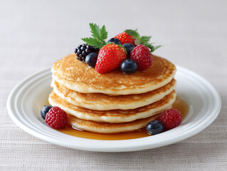 Breakfast stack of fluffy pancakes topped with fresh berries and syrup served on a white plate
