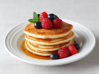 Fluffy pancakes topped with fresh berries and mint served with syrup on a white plate