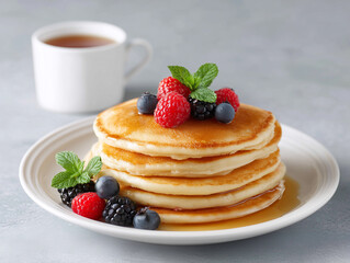 Fluffy pancakes topped with fresh berries and mint served with a cup of tea