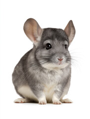 Chinchilla sitting calmly on a white background, showcasing its soft fur and large ears during a studio session
