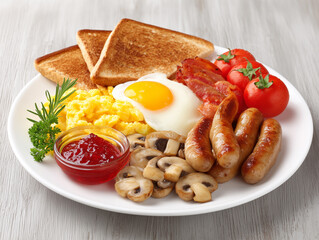 Delicious breakfast spread featuring scrambled eggs, sausage links, toast, mushrooms, tomatoes, and bacon served on a white plate