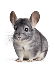 Chinchilla sits calmly on white background, showcasing its soft fur and large ears in a studio setting during bright daylight