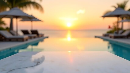 Beachfront table top, sunny day, sunset villa with infinity swimming pool. blurred blue ocean view