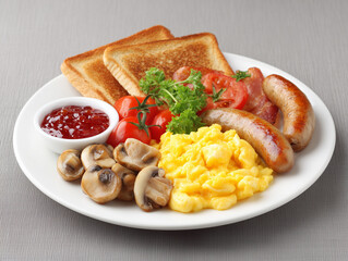 Delicious breakfast plate featuring scrambled eggs, sausages, toast, and sautéed mushrooms served on a white plate