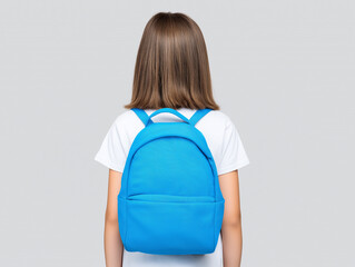 Child with a blue backpack facing away against a plain background, ready for school or an adventure
