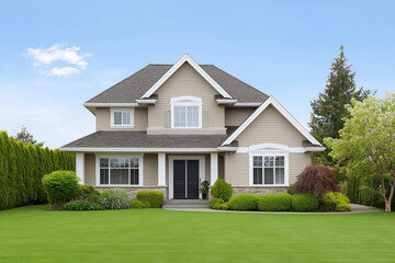 Beautiful suburban house with a well-manicured lawn and clear blue sky in the background