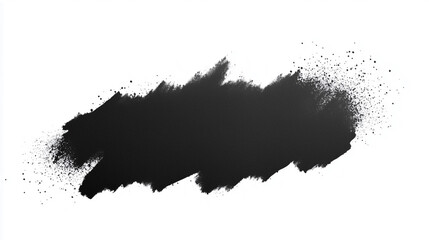 Bold black paint stroke with textured splatter on a white canvas creating a striking visual contrast in artistic expression