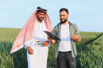 Arab businessman and farmer discussing business in wheat field