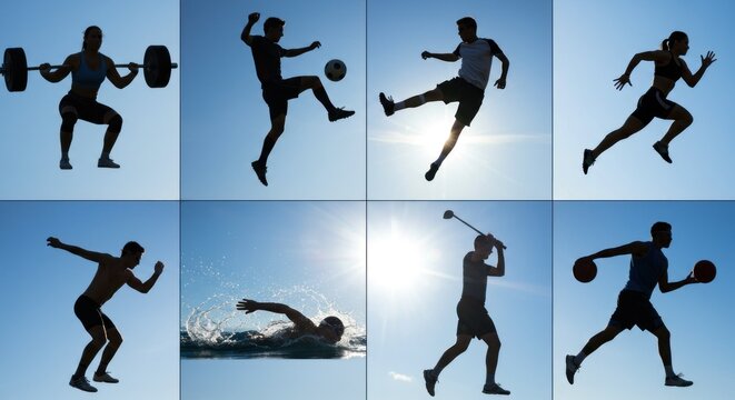 Silhouetted individuals performing various sports activities against a bright blue sky background.
