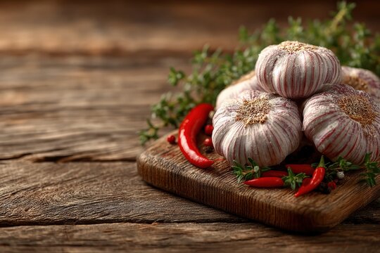 Rustic arrangement of fresh garlic herbs and chili peppers