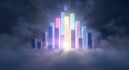 Fototapeta premium Abstract representation of a futuristic cityscape with illuminated skyscraper silhouettes. Surrounded by ethereal fog and a luminous glow suggesting innovation and progress.