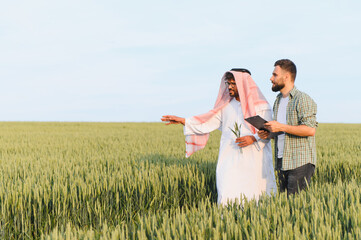 Arab businessman and farmer discussing in wheat field