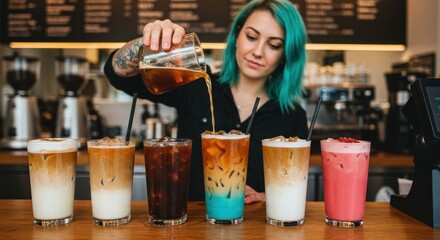 A barista with teal hair pours coffee into a glass of ice, creating a layered effect among other colorful drinks on a bar.