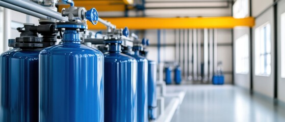 Naklejka premium Industrial Blue Gas Cylinders in Modern Warehouse Setting with Equipment