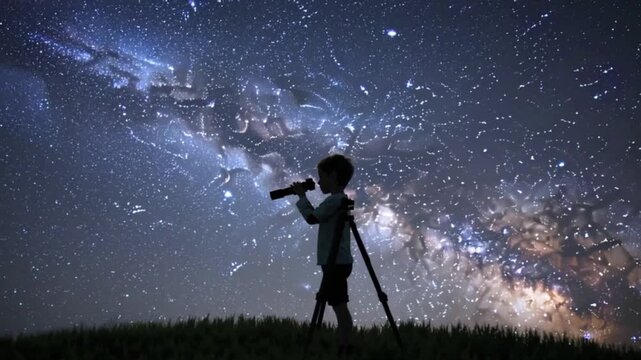 Boy gazing at stars through telescope, capturing wonder and curiosity