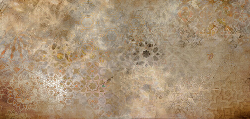 canvas texture background with islamic pattern. Old gray brown rusty vintage worn shabby patchwork motif tiles stone concrete cement wall texture background banner . Ceramic wall tiles and floor tiles