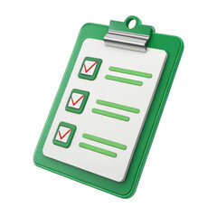 Green clipboard with a checklist featuring three completed tasks marked with red checkmarks