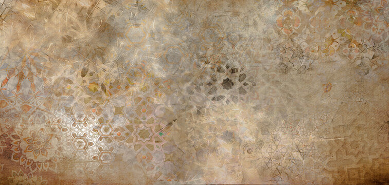 canvas texture background with islamic pattern. Old gray brown rusty vintage worn shabby patchwork motif tiles stone concrete cement wall texture background banner . Ceramic wall tiles and floor tiles