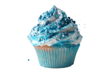 blue cupcake with blue sprinkles on white