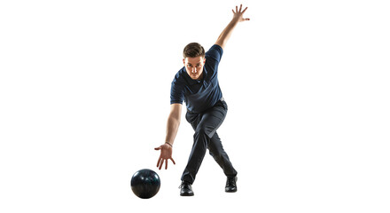 A Ten-Pin Bowler in a Smooth Lunge Releasing the Ball with a Hooking Motion on isolated transparent background.