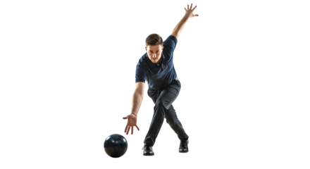 A Ten-Pin Bowler in a Smooth Lunge Releasing the Ball with a Hooking Motion on isolated transparent background.