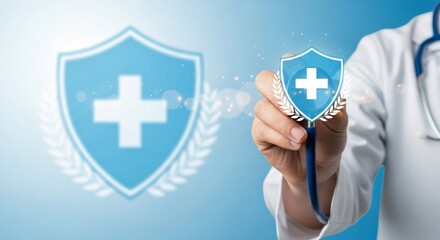 Doctor holding stethoscope to blue shield with cross and laurel wreath on light blue background