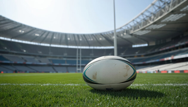 Rugby ball rests on rich green field in large stadium with white columns and arches. Ball with white and teal colors stands out against stadium architecture from low angle.