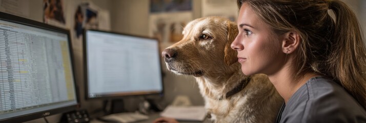 Vet Tech Reviews Vaccination Schedule With Pet Profile on Screen in a Well-Lit Veterinary Clinic Setting